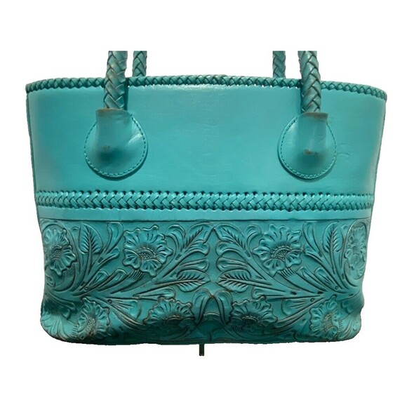 Alexandro Yeo Mexican Leather Tooled Embossed Turquoise Tote Braided Handle - Picture 4 of 16